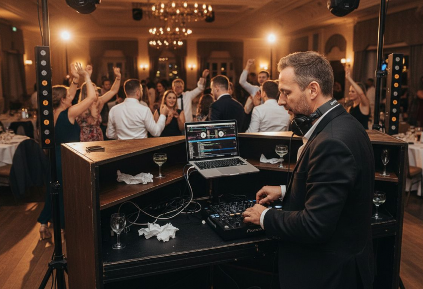Kundenservice Event-DJ – Warum Qualität entscheidet 5 DJ, der an einem Mischpult arbeitet, während Gäste auf einer Veranstaltung tanzen.