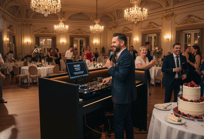Moderation durch DJ: So gelingt die perfekte Hochzeitsfeier 4 DJ, der an einem Mischpult steht und während einer Hochzeitsfeier Musik auflegt.