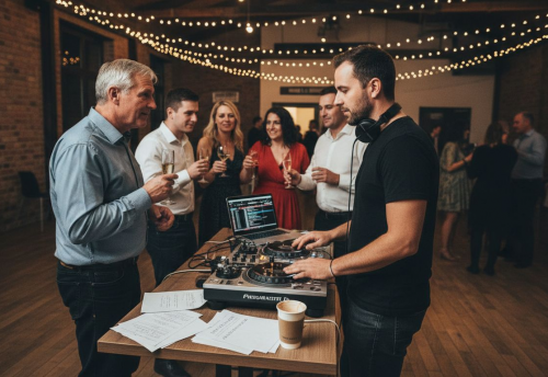 Warum Feedback für DJs Erfolg und Entwicklung bringt 6 DJ, der an einem Mischpult arbeitet, während Gäste in einem Raum mit Lichtern feiern.