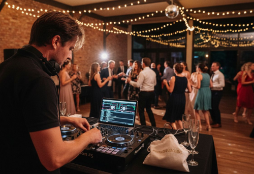 Was bedeutet All-in-One DJ Service für Hochzeiten? 4 DJ, der an einem Mischpult arbeitet, während Gäste auf der Tanzfläche tanzen und feiern.