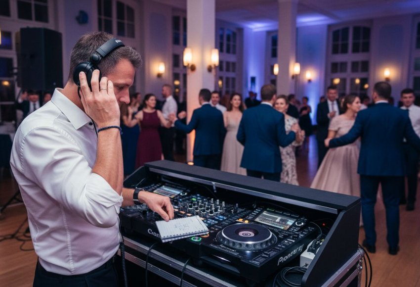Typische DJ-Fehler vermeiden: Erfolgreiche Hochzeitsfeiern 1 DJ, der an einem Mischpult arbeitet, während Gäste auf der Tanzfläche tanzen.