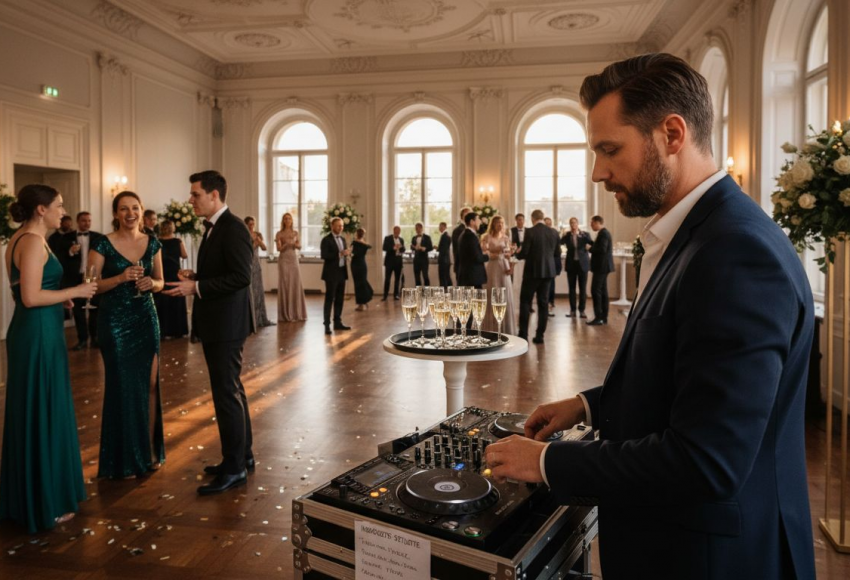 Zusatzoptionen DJ-Service: Mehrwert für Ihre Hochzeit in München 10 Ein DJ, der an einem Mischpult arbeitet, während Gäste in eleganter Kleidung feiern.