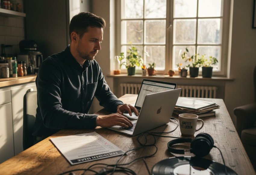 DJ-Anfrage richtig stellen: Ihr Event optimal planen 9 Mann, der an einem MacBook arbeitet, umgeben von Pflanzen und Notizen auf einem Tisch.