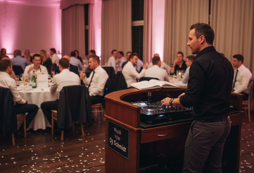 Erklärung DJ-Playlist: Musik gezielt für Hochzeiten 7 DJ, der an einem Mischpult steht und Musik für eine Veranstaltung auflegt, während Gäste an Tischen sitzen.