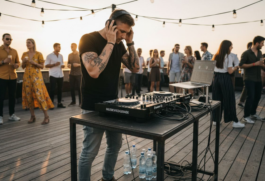 Was ist Event-DJing 2025: Trends und Praxis 4 DJ, der an einem Mischpult auf einer Terrasse mit Lichtern im Hintergrund auflegt, während Gäste feiern.