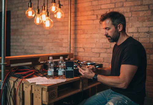 Kundenbewertungen DJ – So beeinflussen sie Ihre Eventwahl 3 DJ sitzt an einem Mischpult mit Wasserflaschen und Kabeln, während er auf sein Handy schaut.