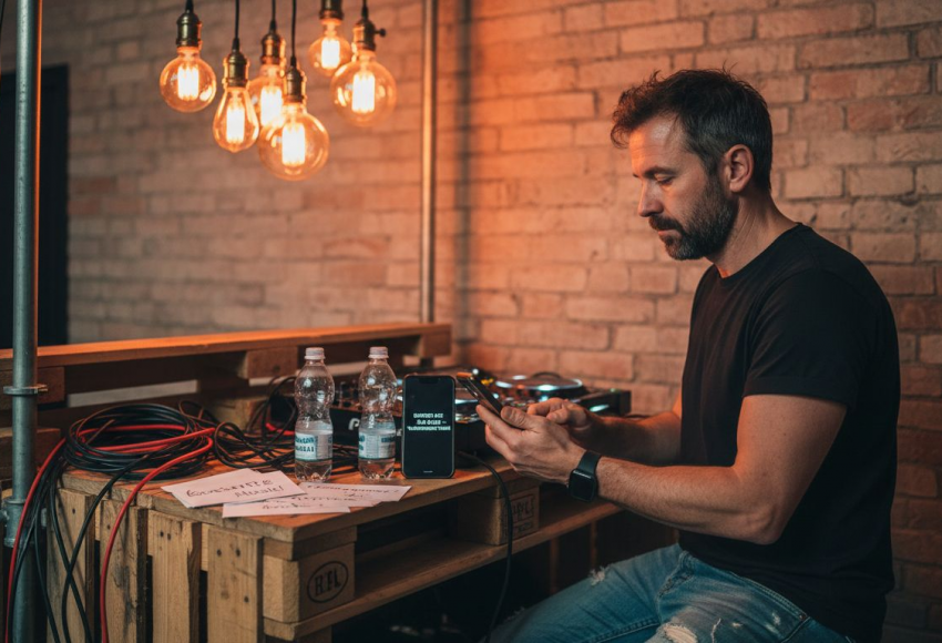 Kundenbewertungen DJ – So beeinflussen sie Ihre Eventwahl 3 DJ sitzt an einem Mischpult mit Wasserflaschen und Kabeln, während er auf sein Handy schaut.