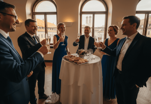 7 wertvolle Tipps für Jubiläumsfeiern in München 5 Sechs Personen in formeller Kleidung stoßen mit Sektgläsern an, umgeben von Snacks auf einem Tisch.