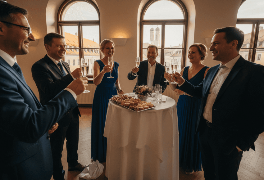 7 wertvolle Tipps für Jubiläumsfeiern in München 2 Sechs Personen in formeller Kleidung stoßen mit Sektgläsern an, umgeben von Snacks auf einem Tisch.