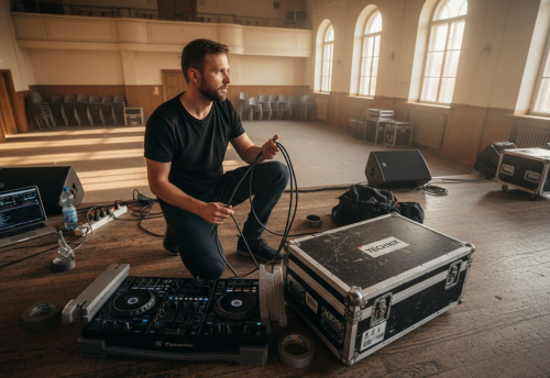 DJ-Technik erklärt: So gelingt Musik auf Events 3 DJ, der Kabel und Ausrüstung in einem Veranstaltungsort vorbereitet, mit DJ-Controller und Lautsprechern im Hintergrund.