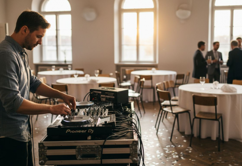 DJ buchen Anleitung: Hochzeit-DJ in München engagieren 5 DJ, der an einem Mischpult arbeitet, während Gäste in einem Veranstaltungsraum stehen.