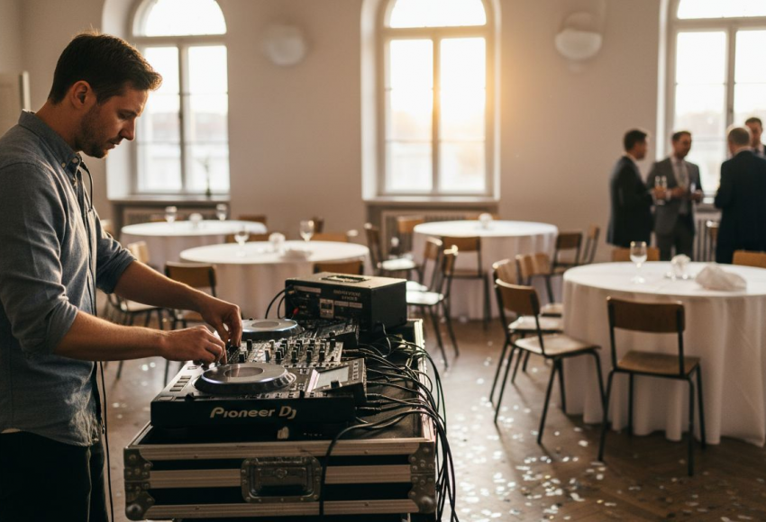 DJ buchen Anleitung: Hochzeit-DJ in München engagieren 7 DJ, der an einem Mischpult arbeitet, während Gäste in einem Veranstaltungsraum stehen.