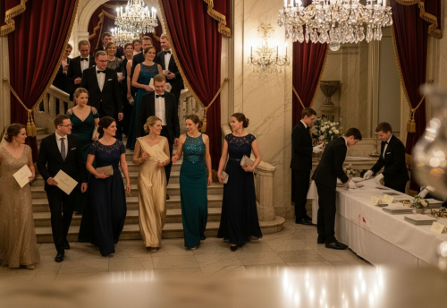 Gala-Event München: 70% formell & musikalisch perfekt 5 Gäste in formeller Kleidung, die eine Treppe in einem festlichen Saal hinuntergehen, umgeben von Kronleuchtern und Dekoration.