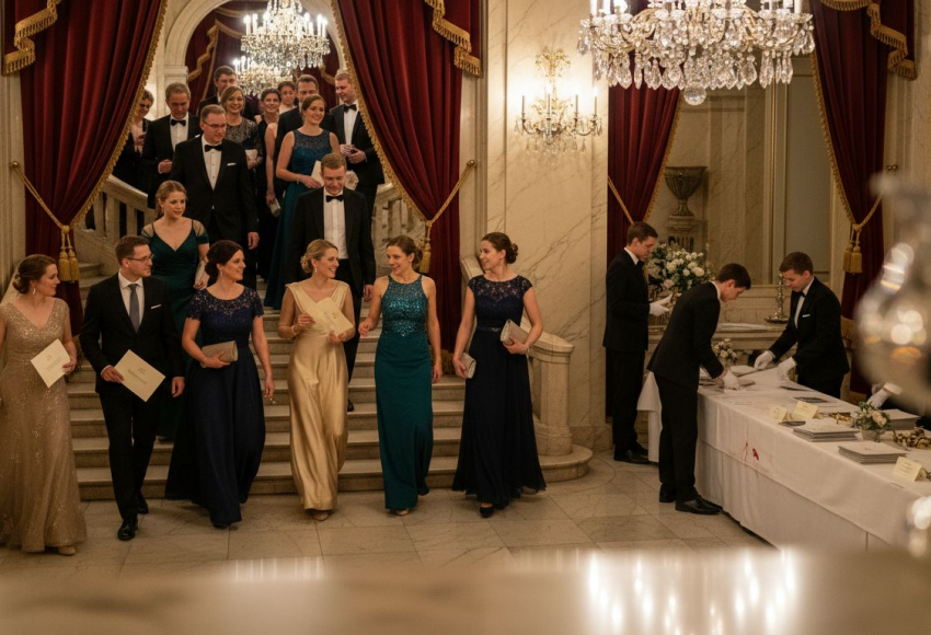 Gala-Event München: 70% formell & musikalisch perfekt 6 Gäste in formeller Kleidung, die eine Treppe in einem festlichen Saal hinuntergehen, umgeben von Kronleuchtern und Dekoration.