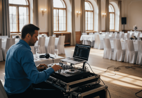 DJ-Beratung für Hochzeiten in München: So gelingt die Planung 6 Der DJ geht während des Aufbaus für die Hochzeit in München noch einmal sorgfältig seine Playlist durch.