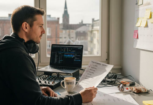 DJ Rider erklärt: Der Schlüssel zum perfekten Event 2026 5 Mann mit Kopfhörern sitzt an einem Büro-Arbeitsplatz, vor ihm Laptop und Mischpult, Kaffeetasse mit der Aufschrift KAFFE, Notizzettel und Poster an der Wand, Blick nach außen auf eine Stadtszene
