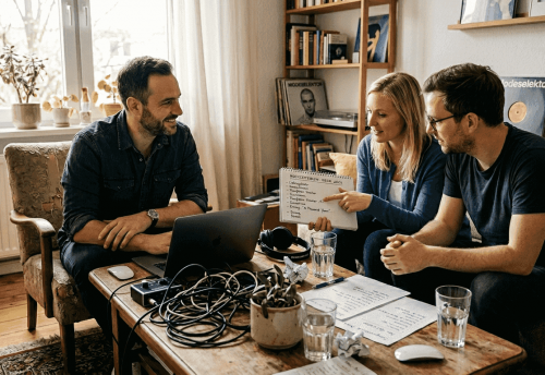Die Rolle der Kundenberatung beim DJ-Service für Hochzeiten 2026 6 DJ im Beratungsgespräch mit Brautpaar am Couchtisch mit Laptop, Kabelsalat und Checkliste im Wohnzimmer