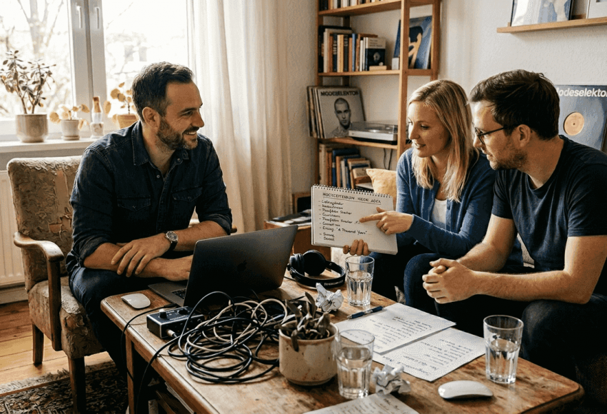 Die Rolle der Kundenberatung beim DJ-Service für Hochzeiten 2026 3 DJ im Beratungsgespräch mit Brautpaar am Couchtisch mit Laptop, Kabelsalat und Checkliste im Wohnzimmer