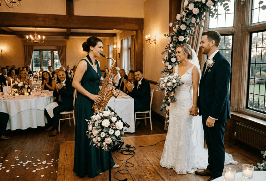 Saxophonist spielt live auf einer Hochzeit, Braut und Bräutigam stehen daneben, festlich dekorierter Saal mit Gästen am Tisch