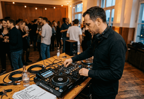 Musik für Firmenfeier planen: Mit DJ und Konzept 2026 begeistern 3 DJ in dunklem Hemd mit Kopfhörern arbeitet am professionellen Mischpult auf einer Firmenfeier in München, Hintergrund mit Gästen und warmer Beleuchtung