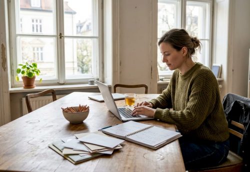 Tipps für private Partys in München: So gelingt die perfekte Feier 6 Frau sitzt am braunen Holztisch, tippt am Laptop, daneben Notizbuch, Stifte und eine Tasse. Helle Räume, Bücherregal, Fensterfront – Szene aus München zur Partypplanung