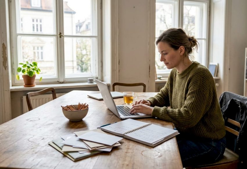 Frau sitzt am braunen Holztisch, tippt am Laptop, daneben Notizbuch, Stifte und eine Tasse. Helle Räume, Bücherregal, Fensterfront – Szene aus München zur Partypplanung