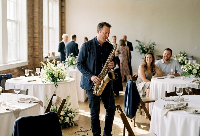 Ein Saxophonist spielt bei einer Hochzeitsfeier zwischen weiß gedeckten Tischen und Blumenarrangements.