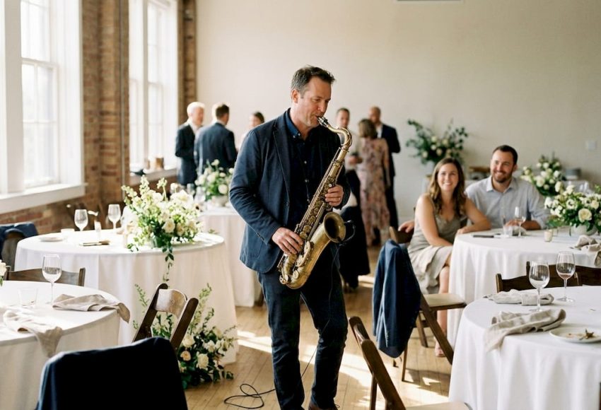 Saxophonist sorgt für musikalische Highlights auf Hochzeitsfeier und bezieht die Gäste mit ein.