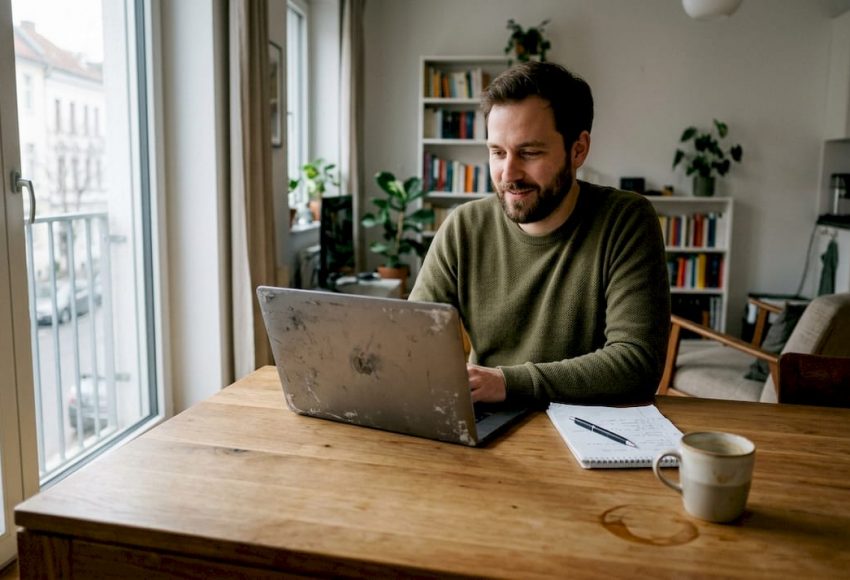 Mann mit grünem Pullover tippt auf Laptop an einem Holztisch in einer hellen Wohnung; Szene in München, verbunden mit Top DJ München