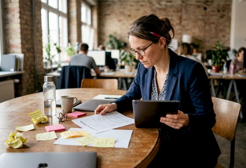 Eine Frau mit Brille und Blazer sitzt an einem runden Holztisch, prüft Unterlagen und Tablet, im Hintergrund ein offener Bürorahmen mit weiteren Mitarbeitern; Büroatmosphäre in München