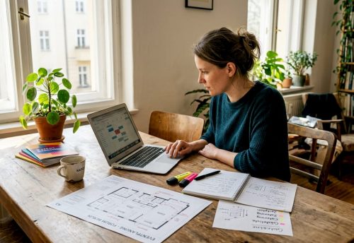 Event-Entertainment einfach erklärt: Wert, Trends, Umsetzung 5 Frau sitzt an einem braunen Holztisch, arbeitet am Laptop, neben ihr Notizblätter, bunte Marker und eine grüne Pflanze; Branding von Top DJ München im Hintergrund