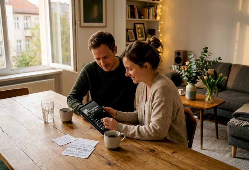 Was eine gute Songauswahl für Ihre Hochzeit ausmacht 2 Ein verliebtes Paar stellt im eigenen Wohnzimmer die Playlist für ihre Hochzeit zusammen.