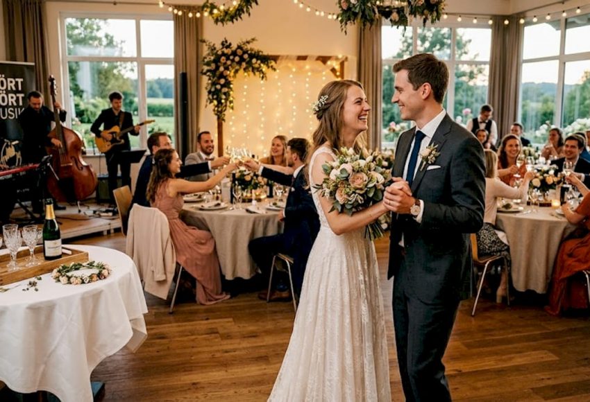 Wie Musik die Stimmung auf Hochzeiten beeinflusst 10 Beim Hochzeitstanz strahlen Brautpaar und Gäste: Live-Musik im Hintergrund, festlich dekorierte Location und weiß gekleidete Braut setzen emotionale Stimmung.