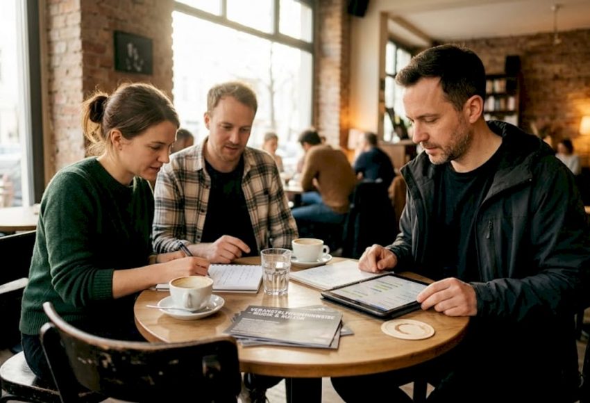 Im Café bespricht ein Paar den Ablauf beim Erstgespräch mit DJ: Notizen, Unterlagen und Kaffeetassen stehen am Holztisch bereit.