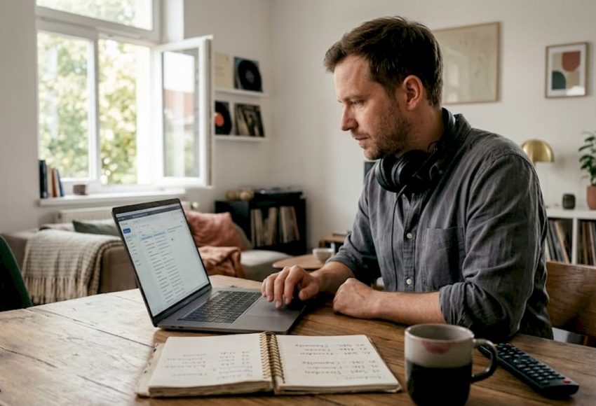 So gelingt Ihre DJ-Buchung zur Hochzeit in München 7 Beim Planen der DJ-Buchung zur Hochzeit in München prüft ein Musiker am Laptop Hochzeitsanfragen und arbeitet ruhig mit Notizen am Tisch.