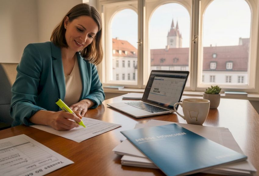 Messe-Events in München: Unterhaltung und DJ clever planen 6 Eine Person mit blauem Sakko plant ein Messe-Event in München am Laptop und mit Unterlagen am Tisch vor einer Fensterfront.