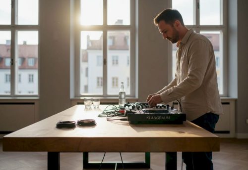 Musik und DJ-Konzepte für Events in München 3 Ein konzentrierter DJ richtet Musik-Technik mit KLANGRAUM am Tisch ein, während helles Licht durch große Fenster fällt und die Stimmung vorbereitet.