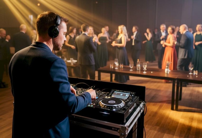 Musikmix auf Hochzeiten: Vorteile für unvergessliche Feiern 5 Warme Scheinwerfer beleuchten einen DJ mit Kopfhörern am DJ-Controller, während Gäste in festlicher Stimmung stehen und feiern
