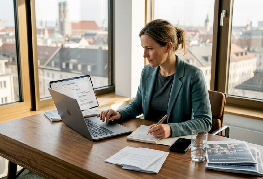 Ideale Eventlocation in München finden und buchen 3 In einem hellen Büro arbeitet eine Person mit Laptop und Unterlagen, neben dem Fenster mit Blick auf München, mit Notizen zur Eventlocation-Buchung.
