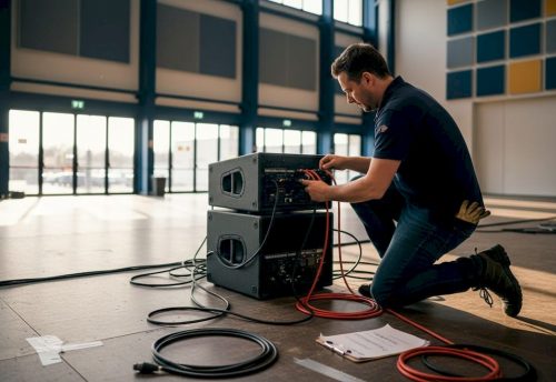 Warum Professionelle Soundanlagen Ihr Event Unvergesslich Machen 3 Ein Veranstaltungstechniker bringt die professionelle Tonanlage auf den neuesten Stand und sorgt für perfekten Klang.
