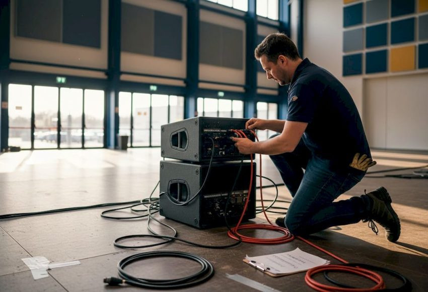 In einem Innenraum richtet ein Techniker professionelle Soundanlagen aus, mit grauen Lautsprechern und schwarzen Kabeln, damit der Klang im Raum überzeugt.