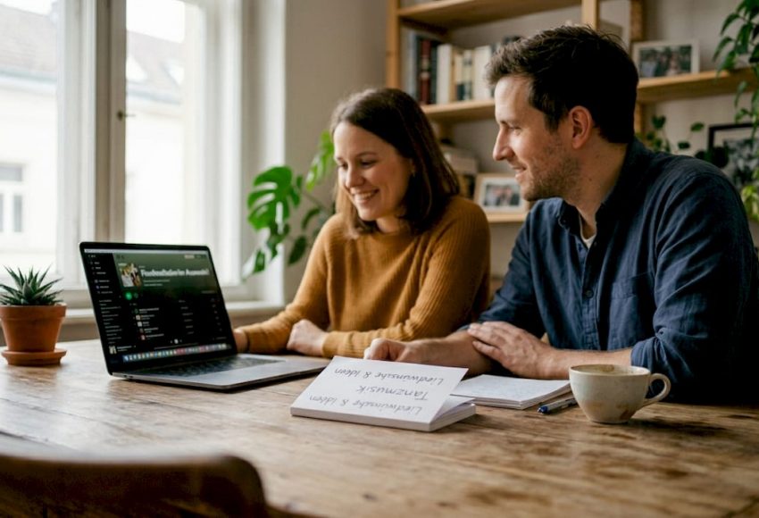 Beim Planen der Hochzeitsmusik in München bespricht ein Paar die Musikauswahl am Wohnzimmertisch mit Laptop, Notizen und Kaffeetasse.