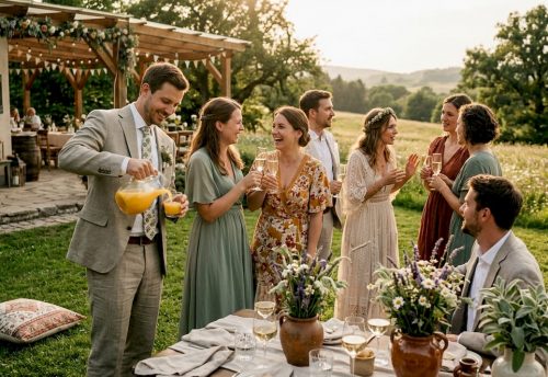 Stimmung auf Hochzeiten gezielt erzeugen: So gelingt es 3 Hochzeitsgäste in ausgelassener Stimmung, die im Freien gemeinsam anstoßen und damit das Wir-Gefühl stärken – in München.