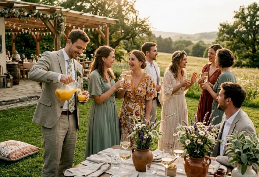 Stimmung auf Hochzeiten gezielt erzeugen: So gelingt es 8 Hochzeitsgäste in ausgelassener Stimmung, die im Freien gemeinsam anstoßen und damit das Wir-Gefühl stärken – in München.