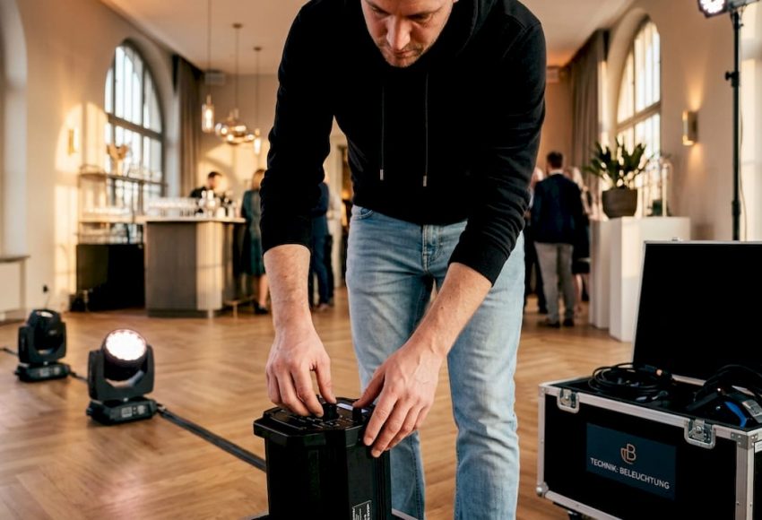 Ein Techniker richtet Lichttechnik für Feiern ein und steuert Effekte im DMX-System in einer Indoor-Halle in München, mit schwarzer Hardware.