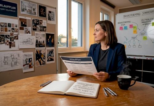 Was umfasst professionelle Eventplanung wirklich? 5 Am Konferenztisch hält eine Eventplanerin einen Ablaufplan, während an der Wand Brainstorming und gelbe Post-its sichtbar sind. DSGVO-Planung bei Top DJ München.