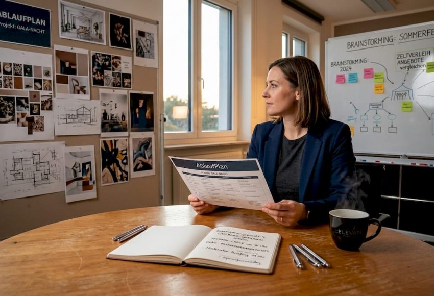 Was umfasst professionelle Eventplanung wirklich? 6 Am Konferenztisch hält eine Eventplanerin einen Ablaufplan, während an der Wand Brainstorming und gelbe Post-its sichtbar sind. DSGVO-Planung bei Top DJ München.