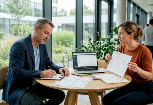Firmenevent Musikplanung: Der Praxisleitfaden 2026 5 Zwei Kollegen planen die Firmenevent Musikplanung im Büro mit Laptop, Notizen und Ablaufplan für Empfang, Dinner und Party.