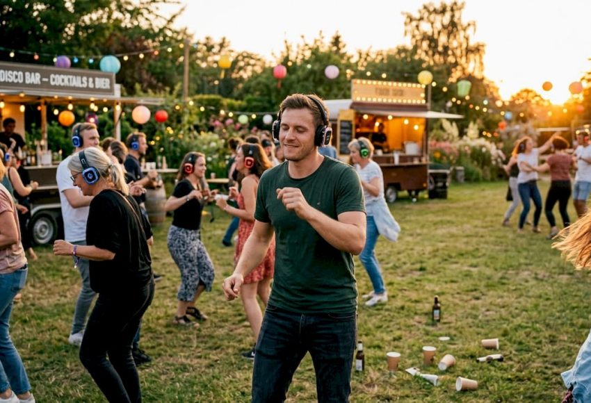 Was ist ein Silent-Disco-Event? Erlebnis erklärt 6 Bei einem Silent-Disco-Event tanzen Gäste mit kabellosen Kopfhörern auf einer Wiese und wählen ihre Musikkanäle in entspannter Stimmung.