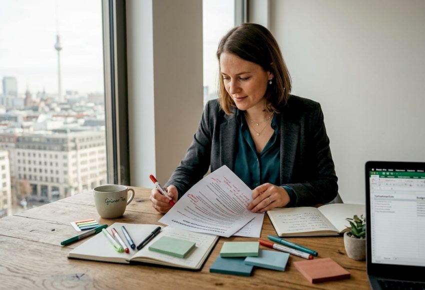 Definition Event-Konzept: Aufbau, Methoden und Praxis 5 Die Eventmanagerin prüft das Event-Konzept mit Unterlagen, Notizen und Budgetplanung am Tisch und arbeitet an der Veranstaltungsvorbereitung.